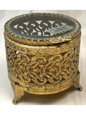 VTG MCM DECORATIVE CRAFTS 24K Gold Plated Filigree 3" Round Lidded TRINKET BOX